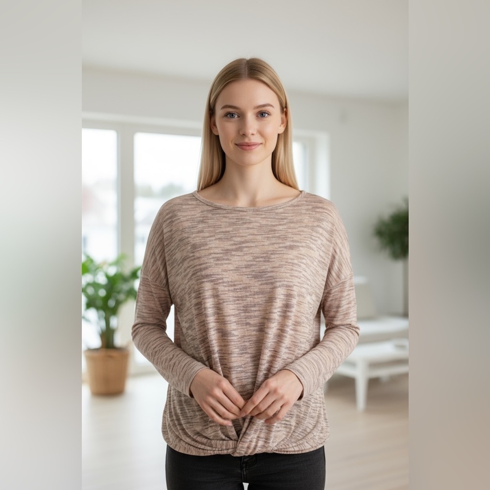 Cozy Taupe Heathered Long Sleeve Twist-Front Top